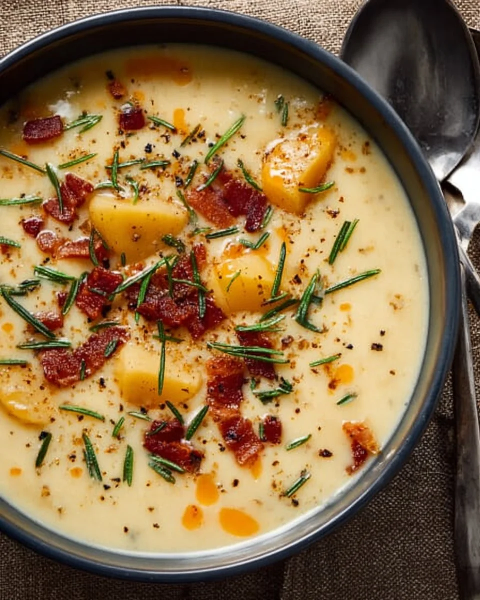 Bowl of creamy Outback potato soup garnished with chives and cheese