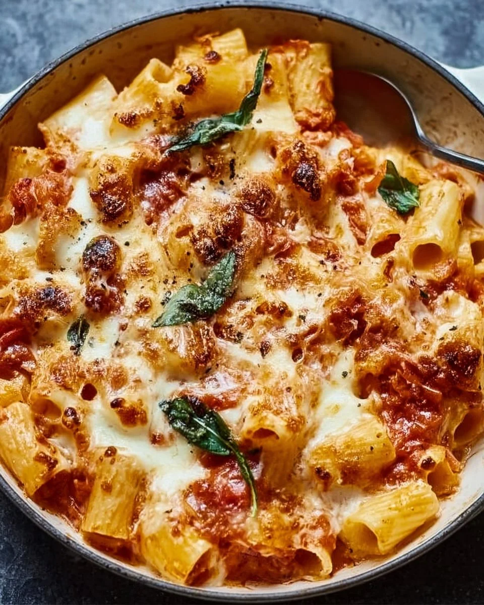 Delicious Pasta alla Sorrentina topped with melted cheese and fresh basil