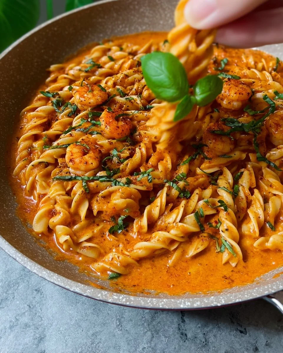 Delicious Rose Shrimp Pasta garnished with fresh herbs and served with pink sauce.