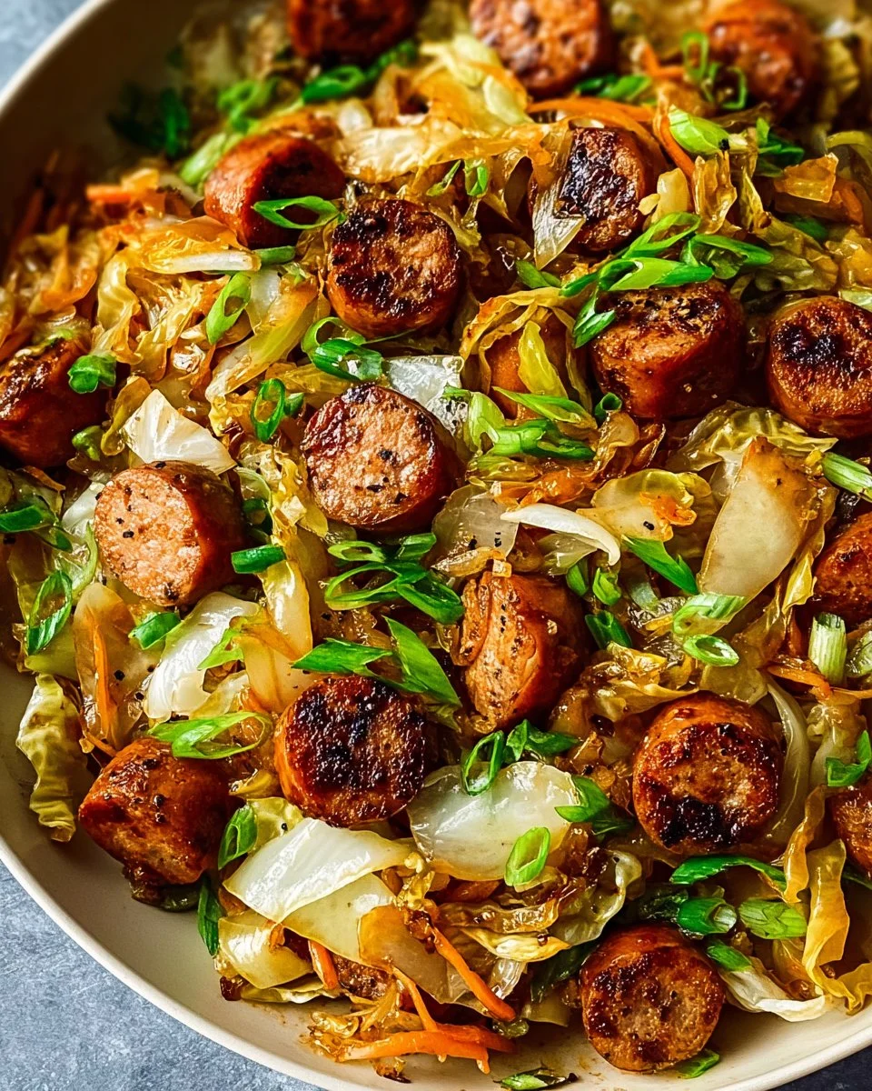 Colorful Sausage and Cabbage Stir Fry served in a bowl