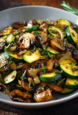 Sautéed zucchini with mushrooms and onions in a skillet.