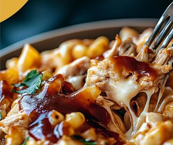 Delicious bowl of shredded BBQ chicken mac and cheese topped with herbs