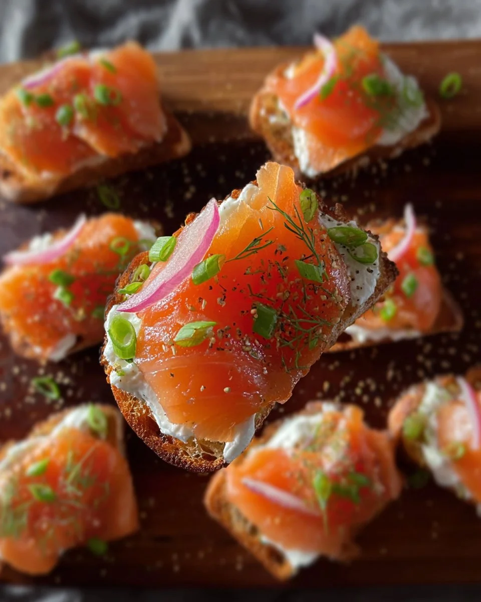 Smoked salmon crostini topped with cream cheese and herbs on a wooden board.