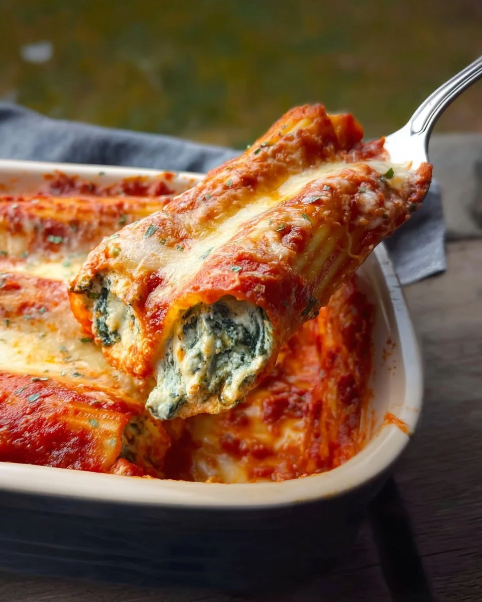 Delicious Spinach Cheese Manicotti served with marinara sauce and herbs
