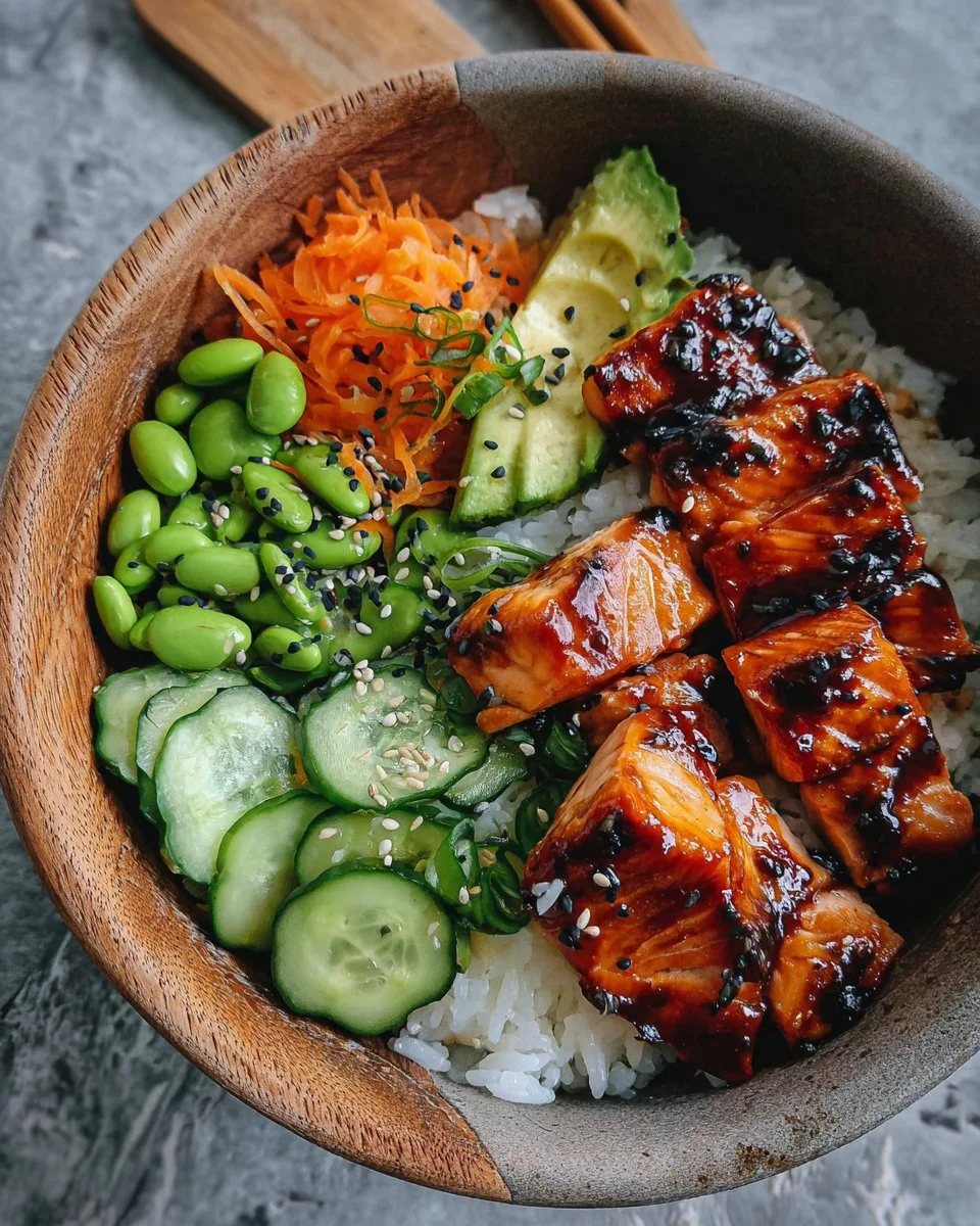 Delicious teriyaki salmon sushi bowl with sticky glaze and fresh ingredients