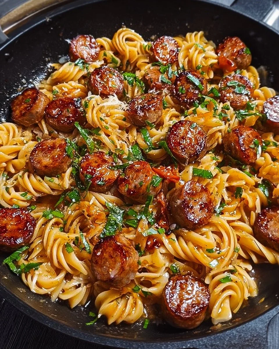 Delicious honey garlic sausage pasta skillet ready to serve