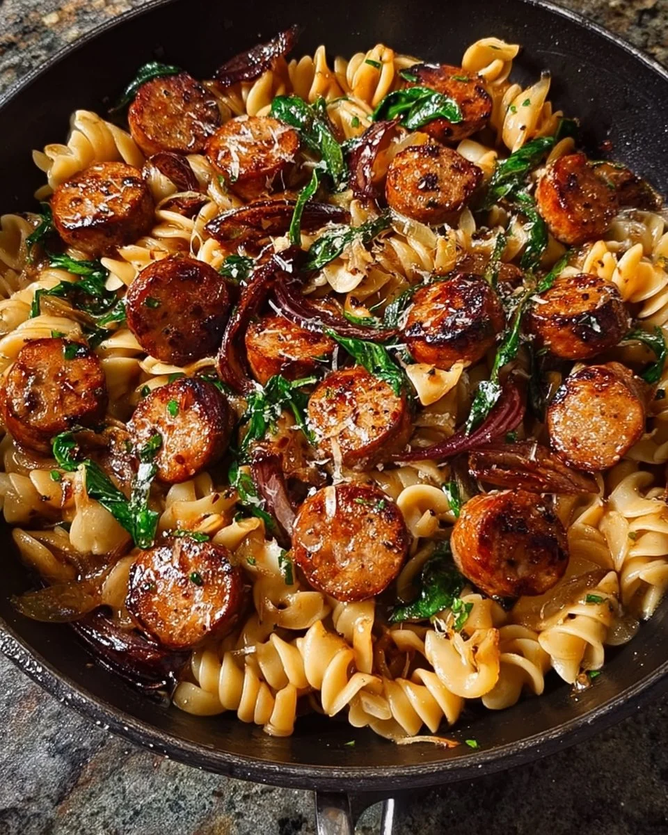Sticky Honey Garlic Sausage Pasta Skillet