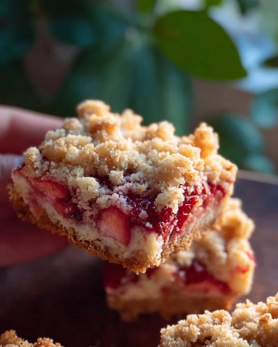Delicious strawberry cheesecake crumb bars with fresh strawberries and creamy filling