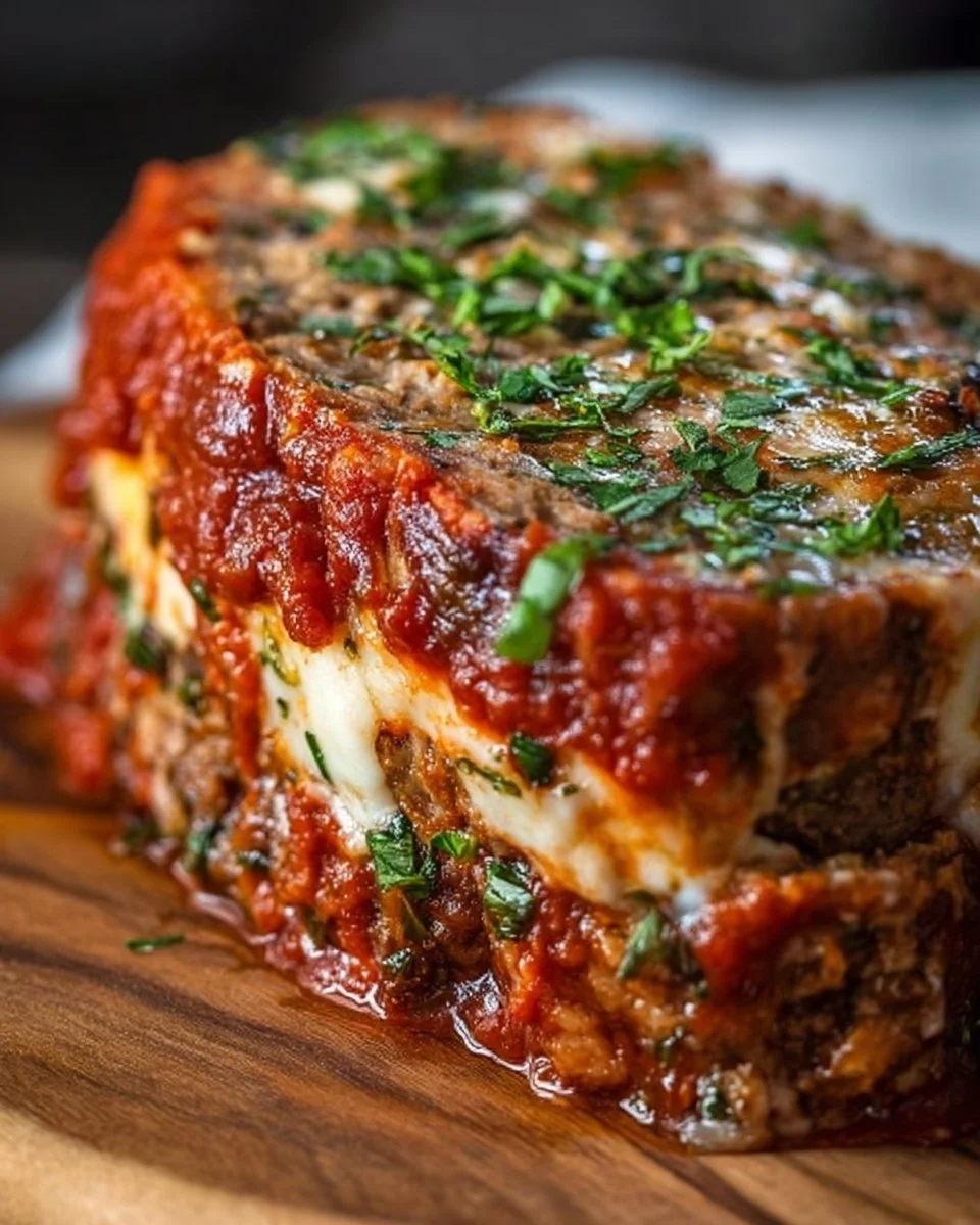 Delicious stuffed Italian meatloaf sliced and garnished, showcasing its flavorful filling.