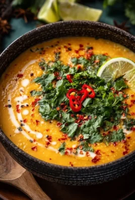 Bowl of Thai Coconut Red Lentil Soup topped with fresh cilantro and lime.