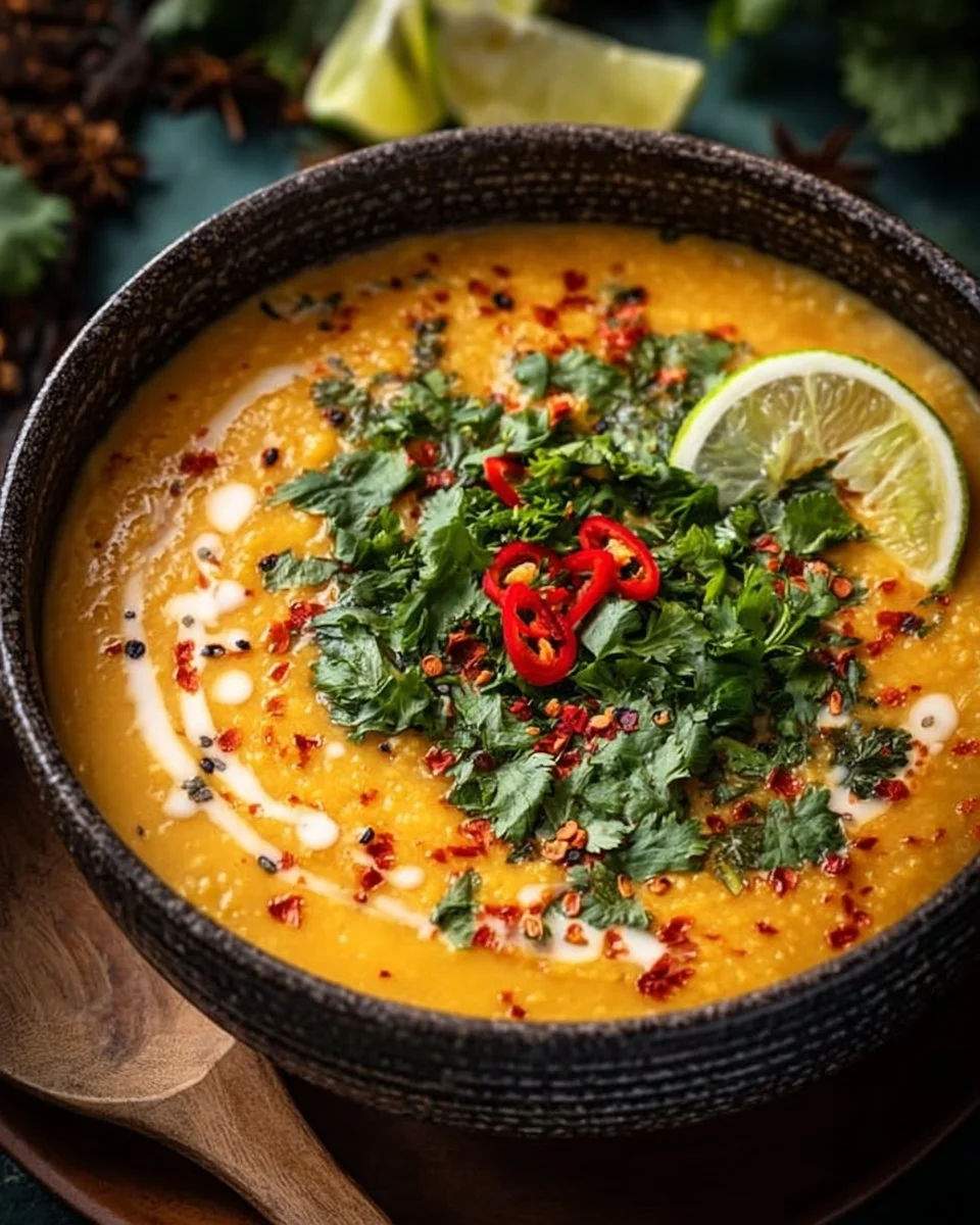 Bowl of Thai Coconut Red Lentil Soup topped with fresh cilantro and lime.