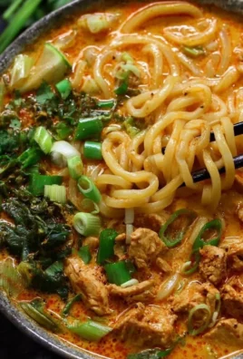 A bowl of Thai-inspired coconut red curry chicken udon garnished with fresh herbs.