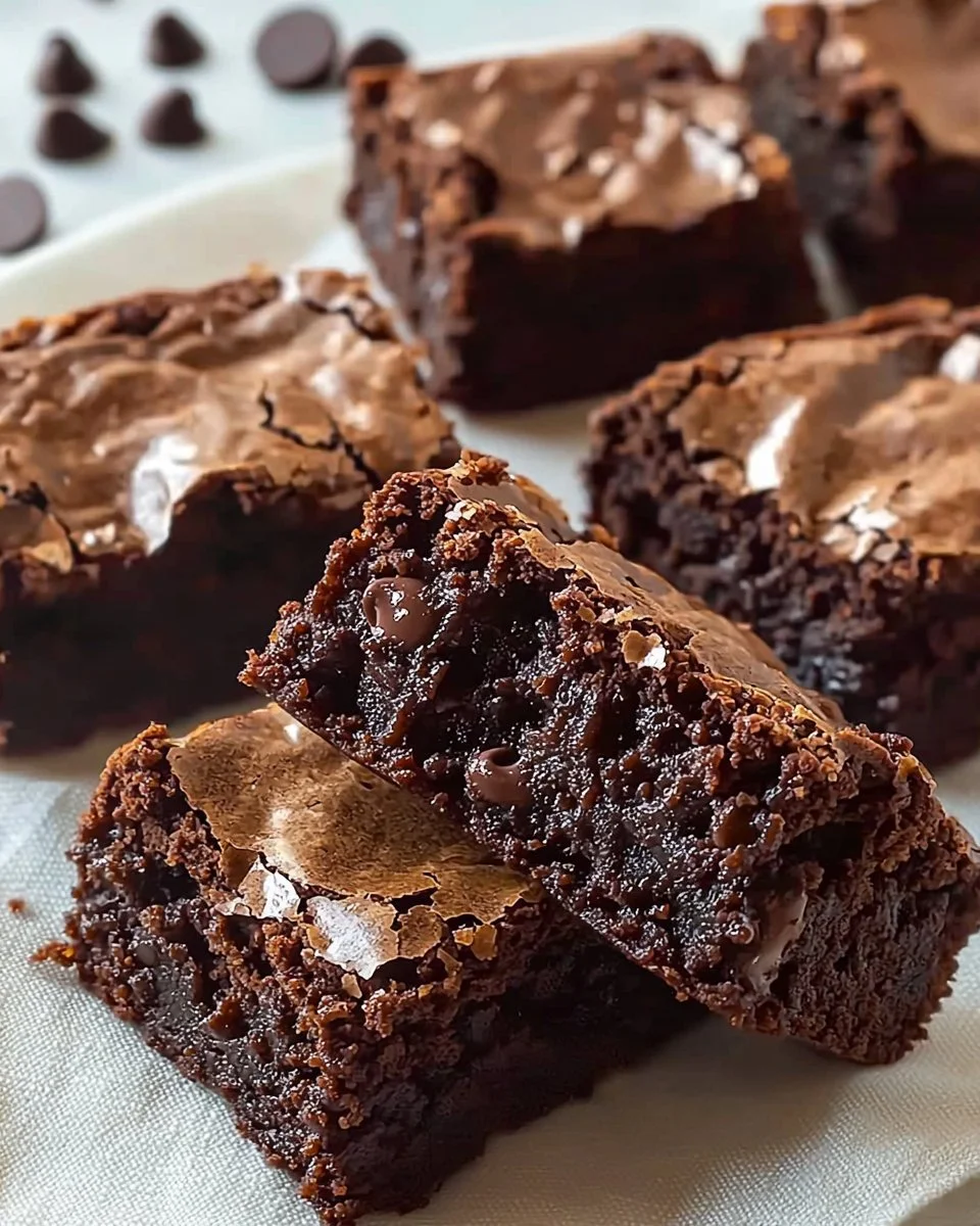 Deliciously chewy brownies topped with chocolate drizzle on a elegant plate
