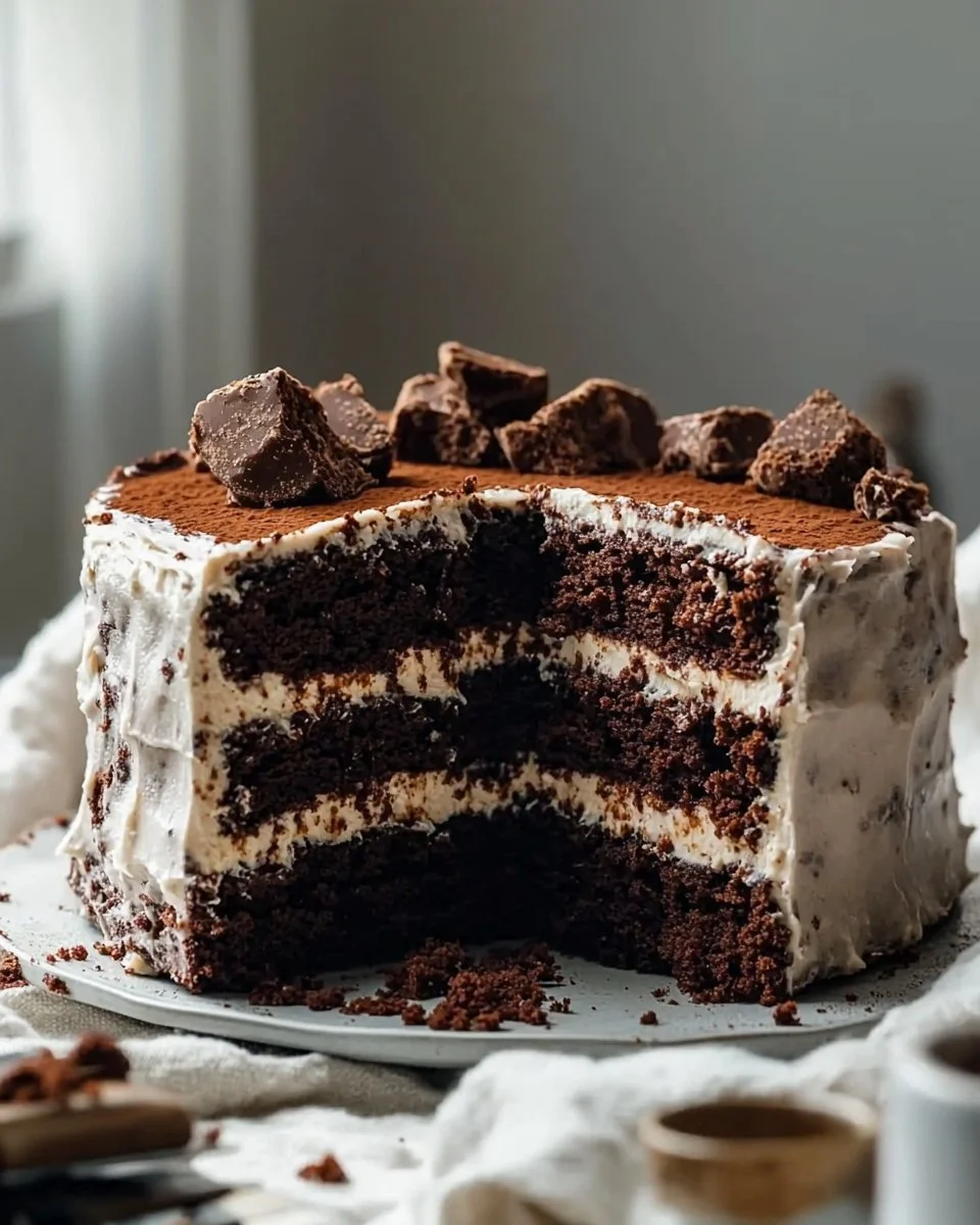 Decadent brownie cake topped with chocolate frosting and walnuts.
