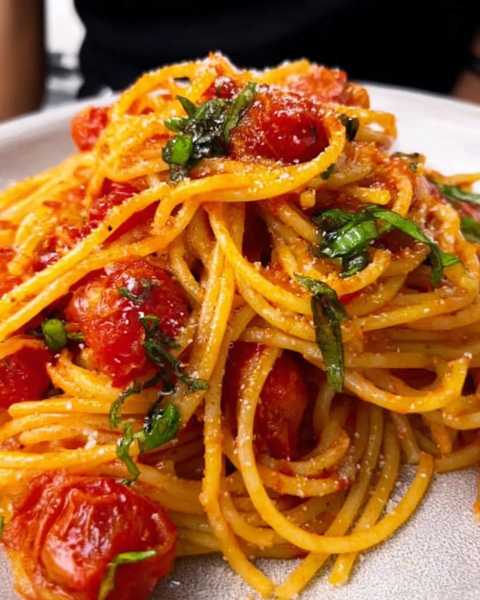 Delicious bowl of homemade Tomato Pasta with fresh basil and cheese