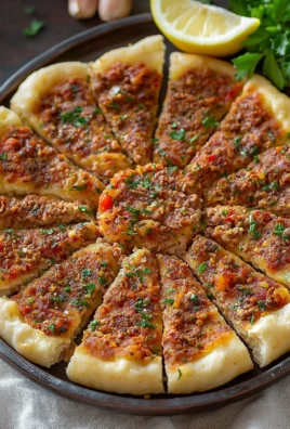 Turkish Lahmacun with spiced minced meat on a thin flatbread.