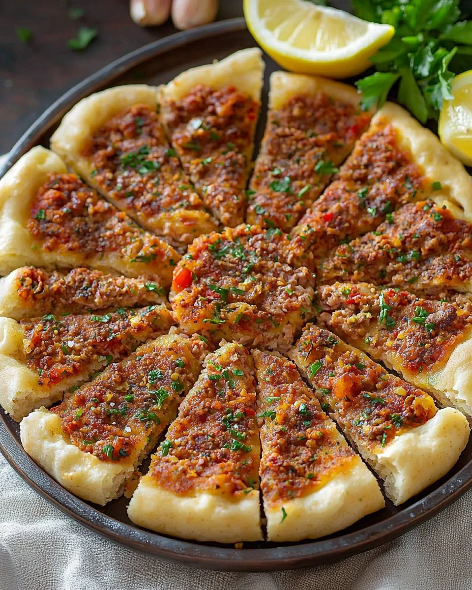 Turkish Lahmacun with spiced minced meat on a thin flatbread.