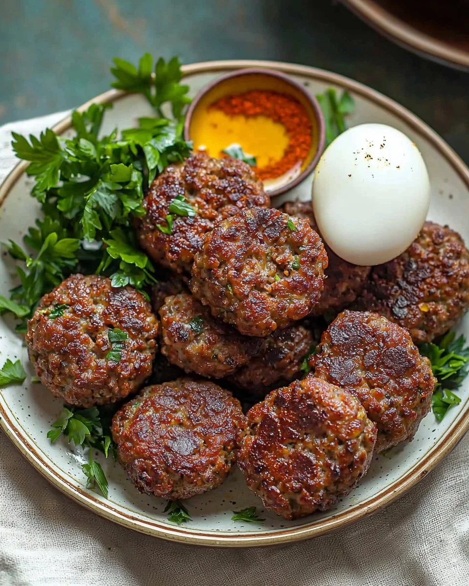 Plate of delicious Turkish Meatballs with herbs and spices served with sauce