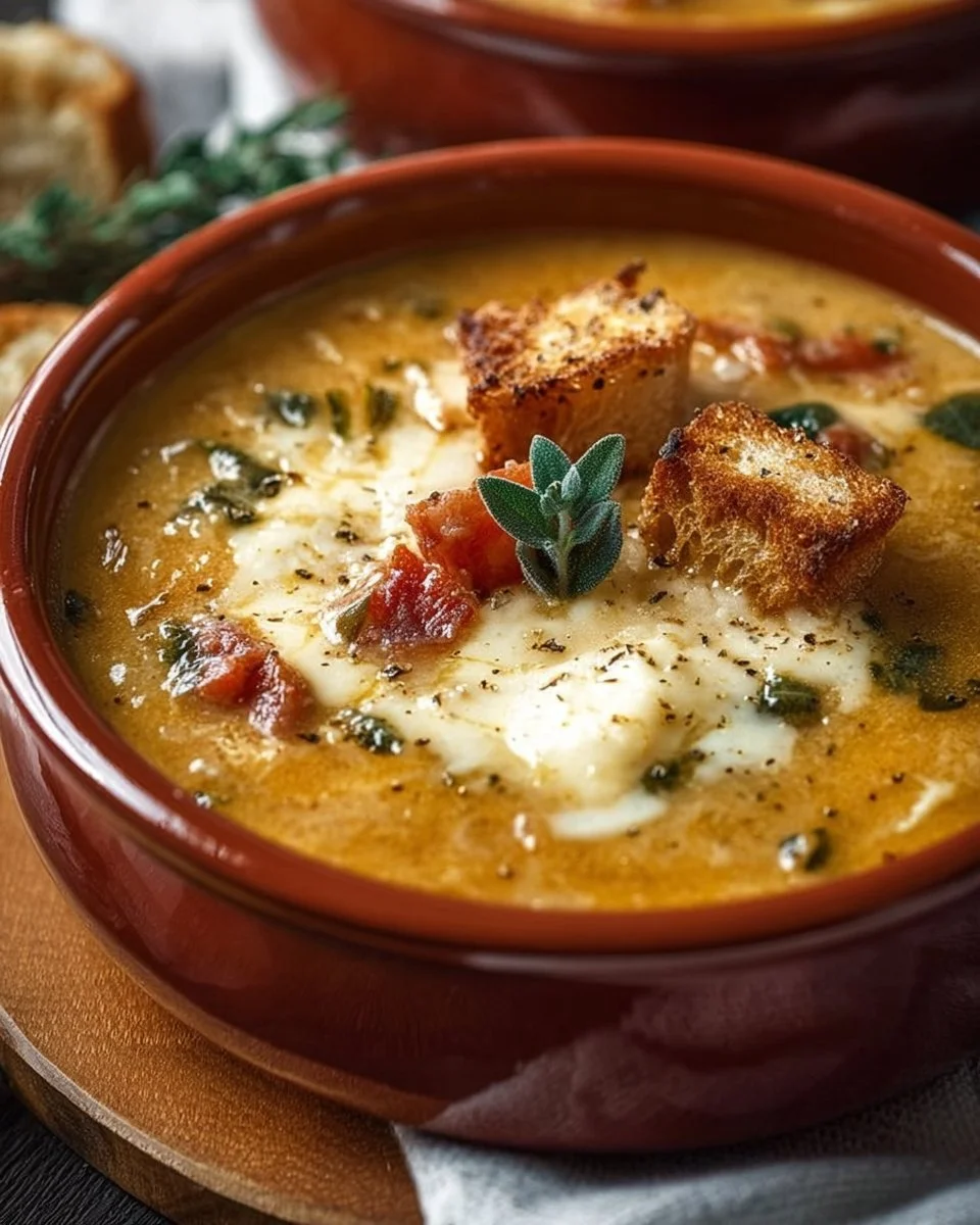 Bowl of hearty Tuscan Soup garnished with fresh herbs and vegetables