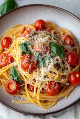 Plate of easy cherry tomato pasta with fresh basil and parmesan cheese