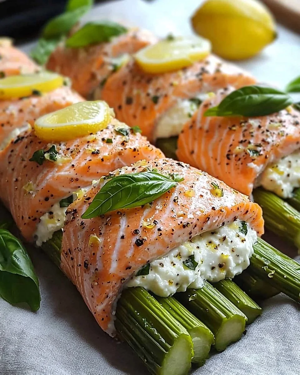 Asparagus & Lemon Basil Ricotta Stuffed Salmon Rolls