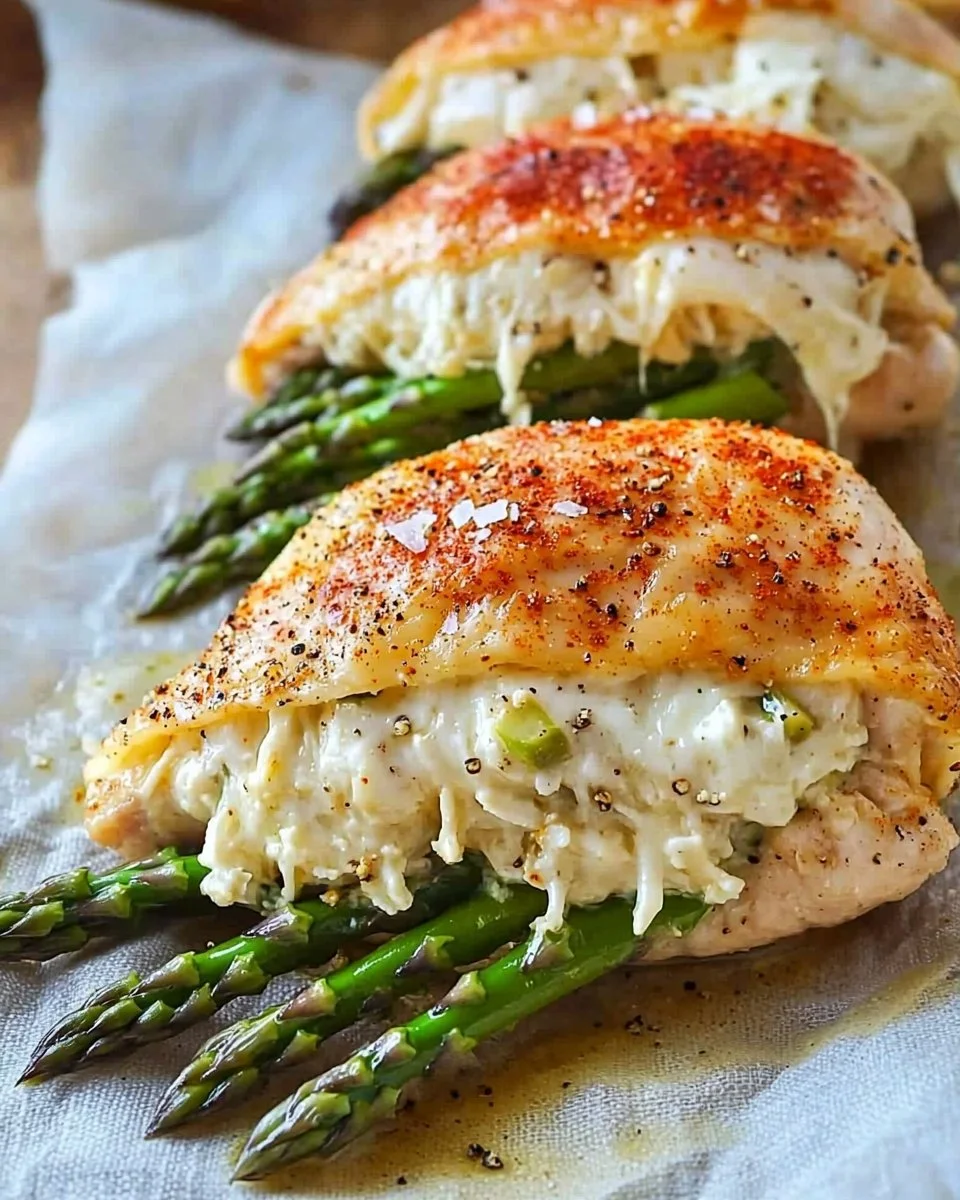 Juicy asparagus stuffed chicken breast garnished with herbs and spices