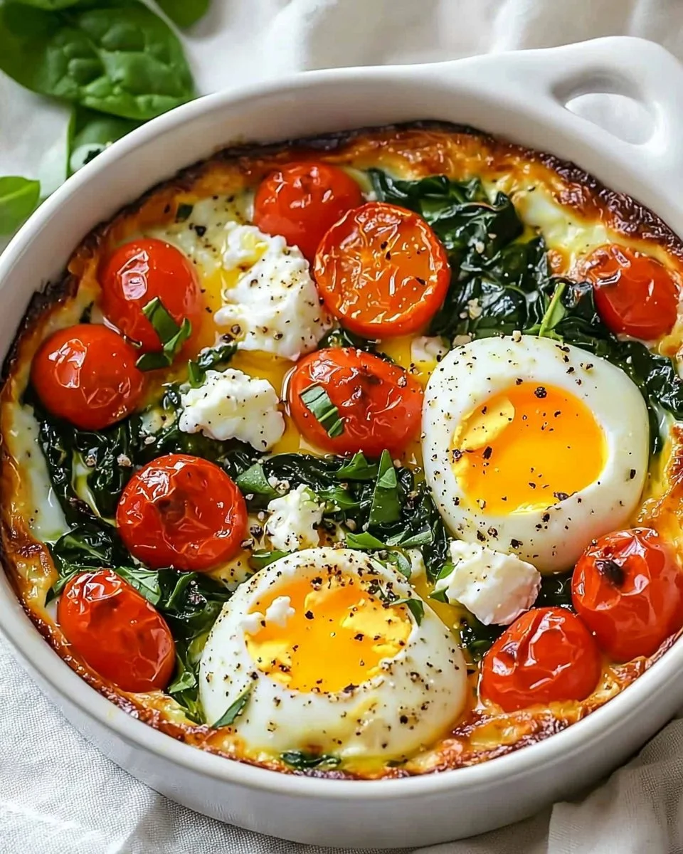 Baked feta eggs with tomatoes and spinach in a rustic dish