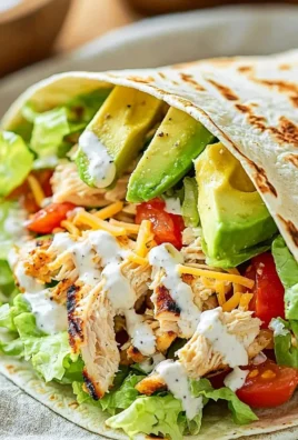 Delicious grilled chicken wraps with fresh vegetables and sauces on a wooden table.