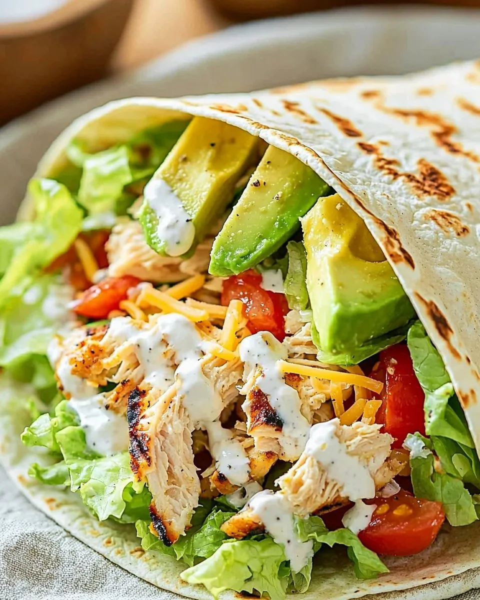 Delicious grilled chicken wraps with fresh vegetables and sauces on a wooden table.