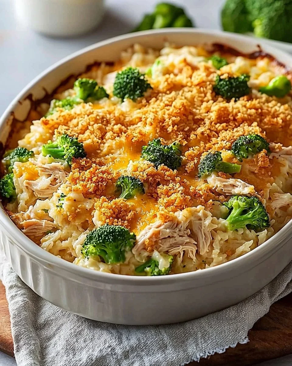 Delicious rotisserie chicken casserole topped with cheese and herbs
