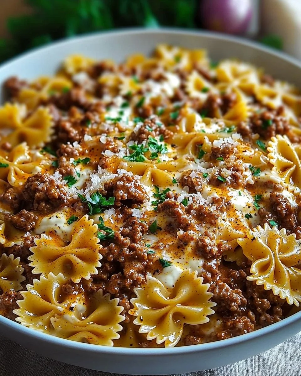 Cajun Cream Cheese Alfredo Bowties with Spiced Ground Beef