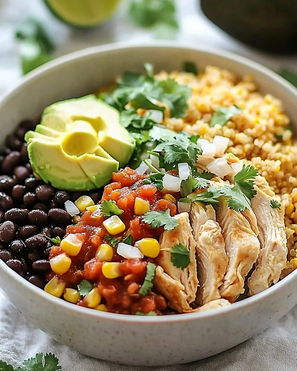 Delicious chicken burrito bowl topped with fresh vegetables and sauces