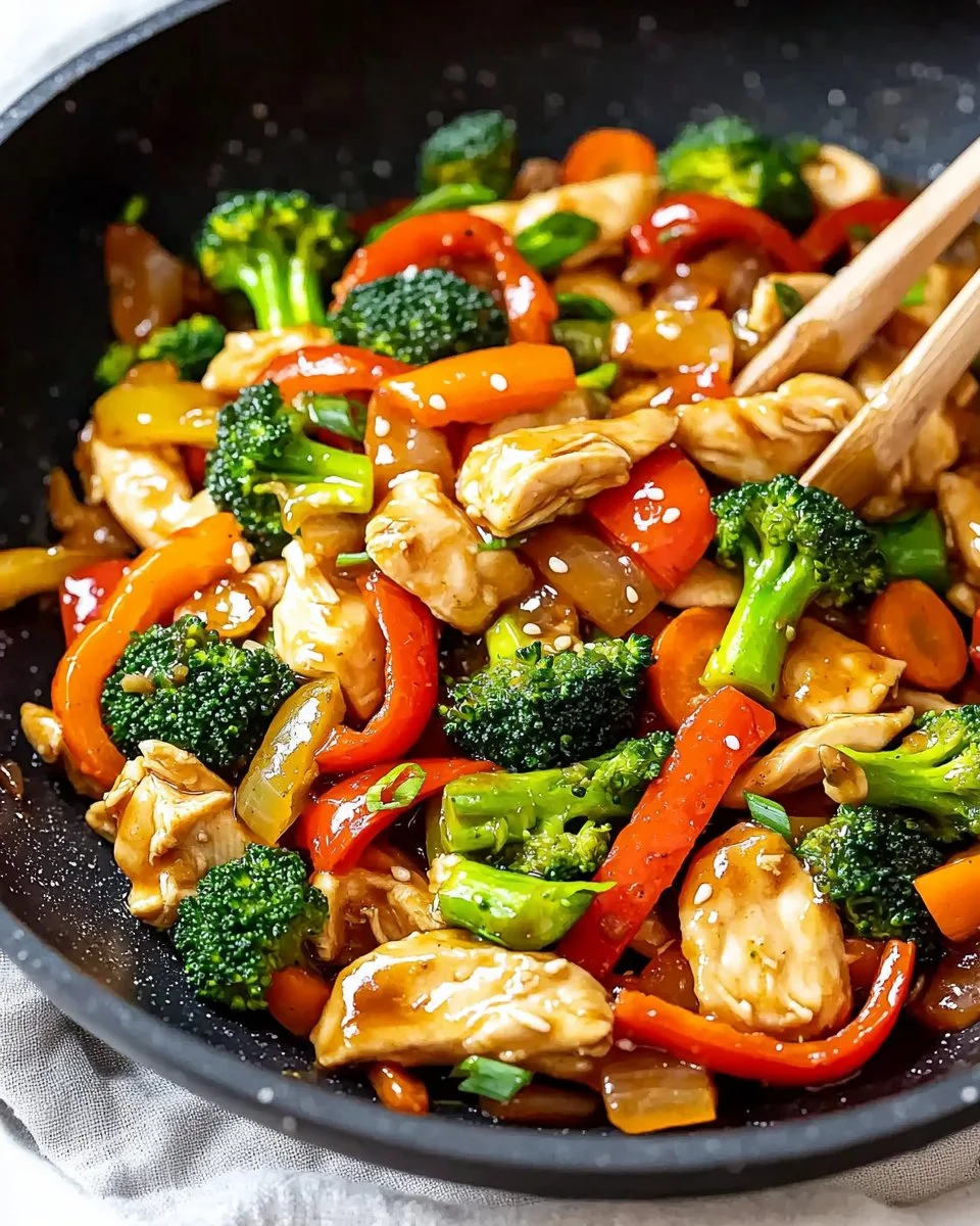 Colorful chicken stir fry with vegetables in a skillet