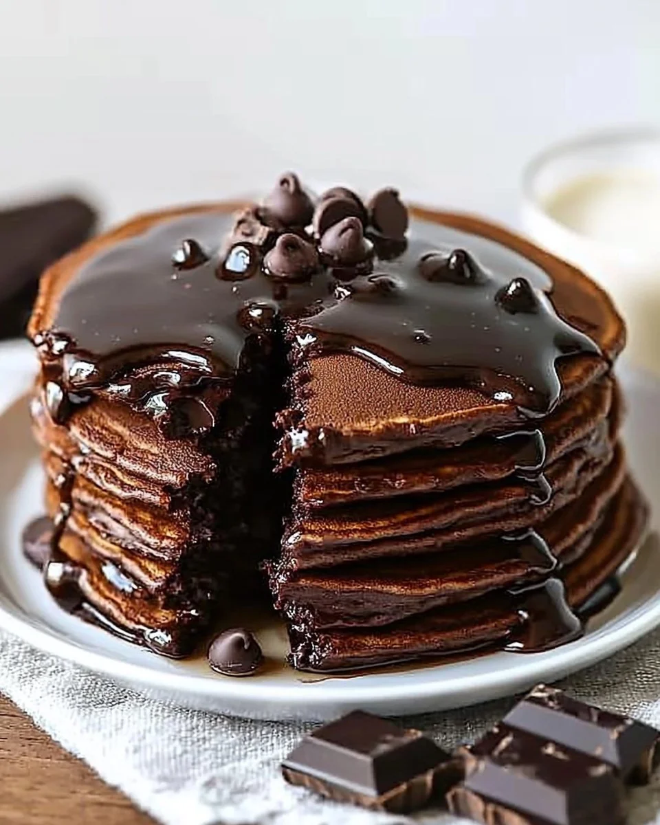 Delicious stack of chocolate pancakes topped with syrup and berries