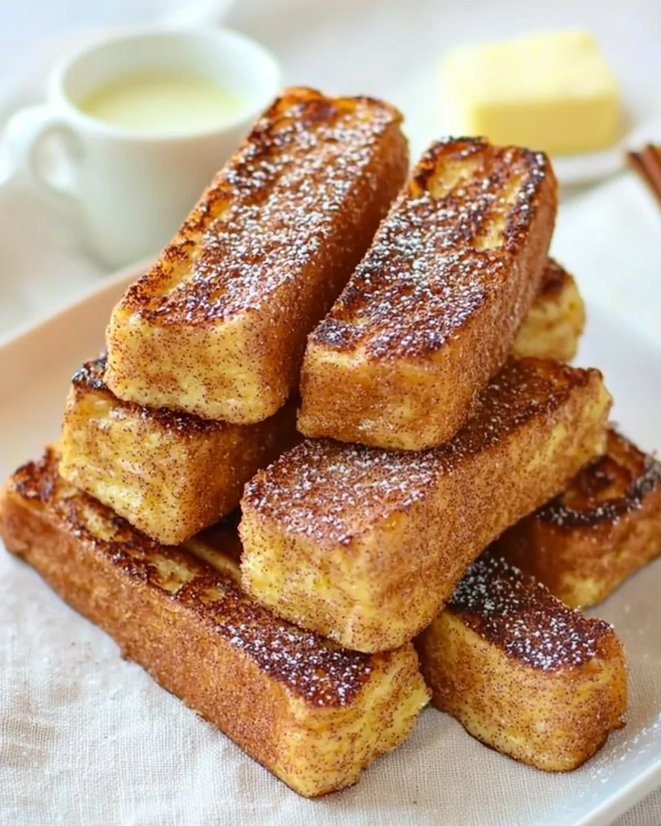 Delicious Cinnamon French Toast Sticks served with syrup and berries.