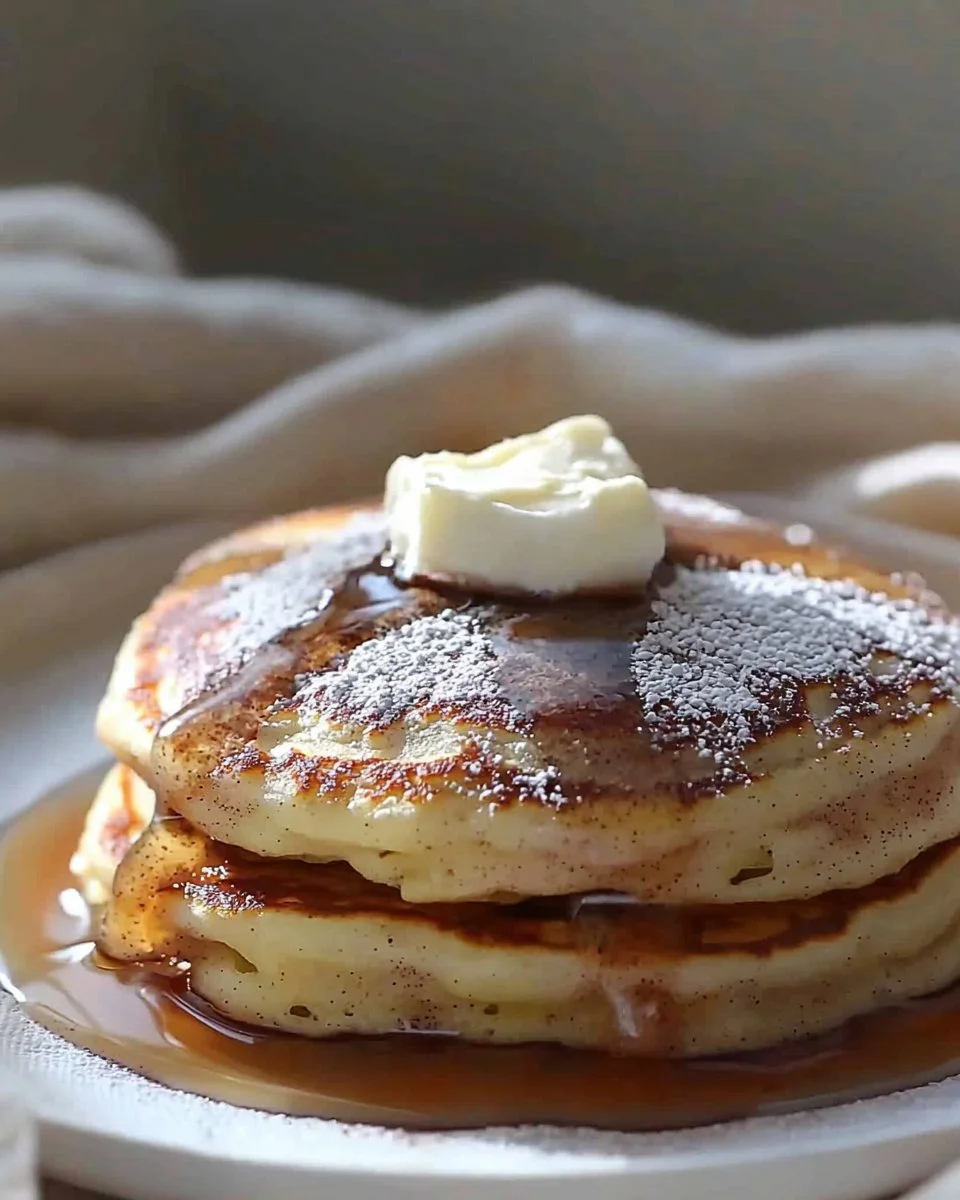 Delicious cinnamon roll pancakes topped with icing and cinnamon swirl