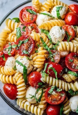 Colorful Caprese Pasta Salad with cherry tomatoes, mozzarella, and basil