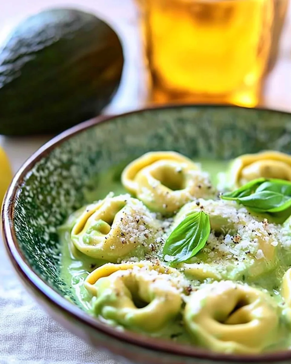 Creamy California avocado tortellini dish garnished with fresh herbs