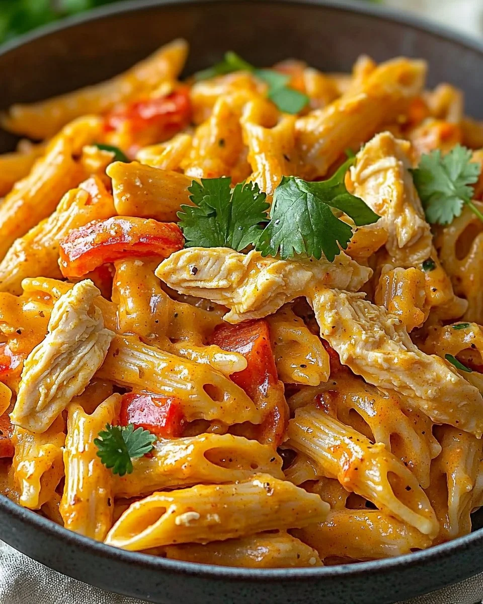 Creamy Chicken Fajita Pasta served with colorful bell peppers and chicken strips
