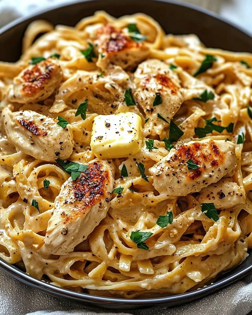 Creamy Cowboy Butter Chicken Pasta served in a bowl garnished with herbs