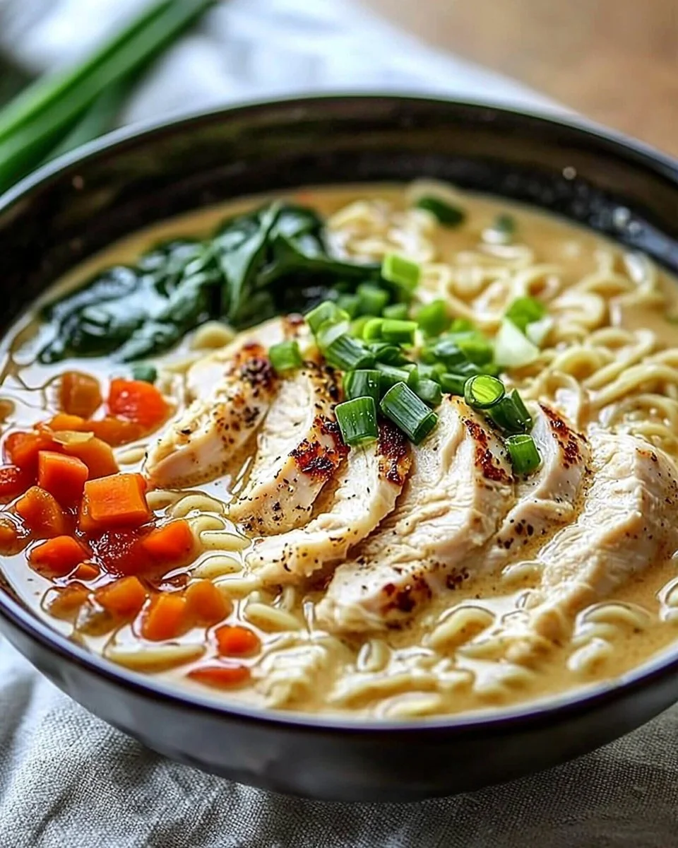Bowl of creamy garlic chicken ramen with fresh ingredients