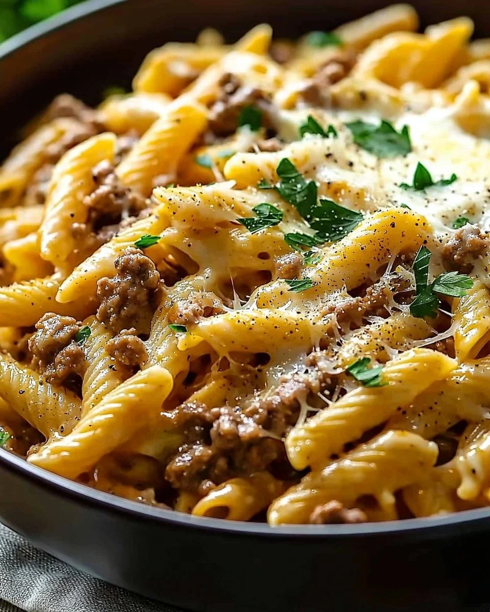 Creamy high protein beef pasta dish served in a white bowl with garnish