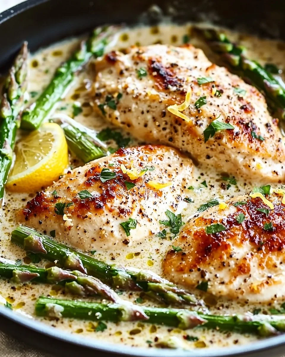 Creamy lemon chicken dish served with fresh asparagus