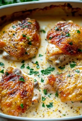 Creamy oven baked chicken thighs served on a plate with fresh herbs.