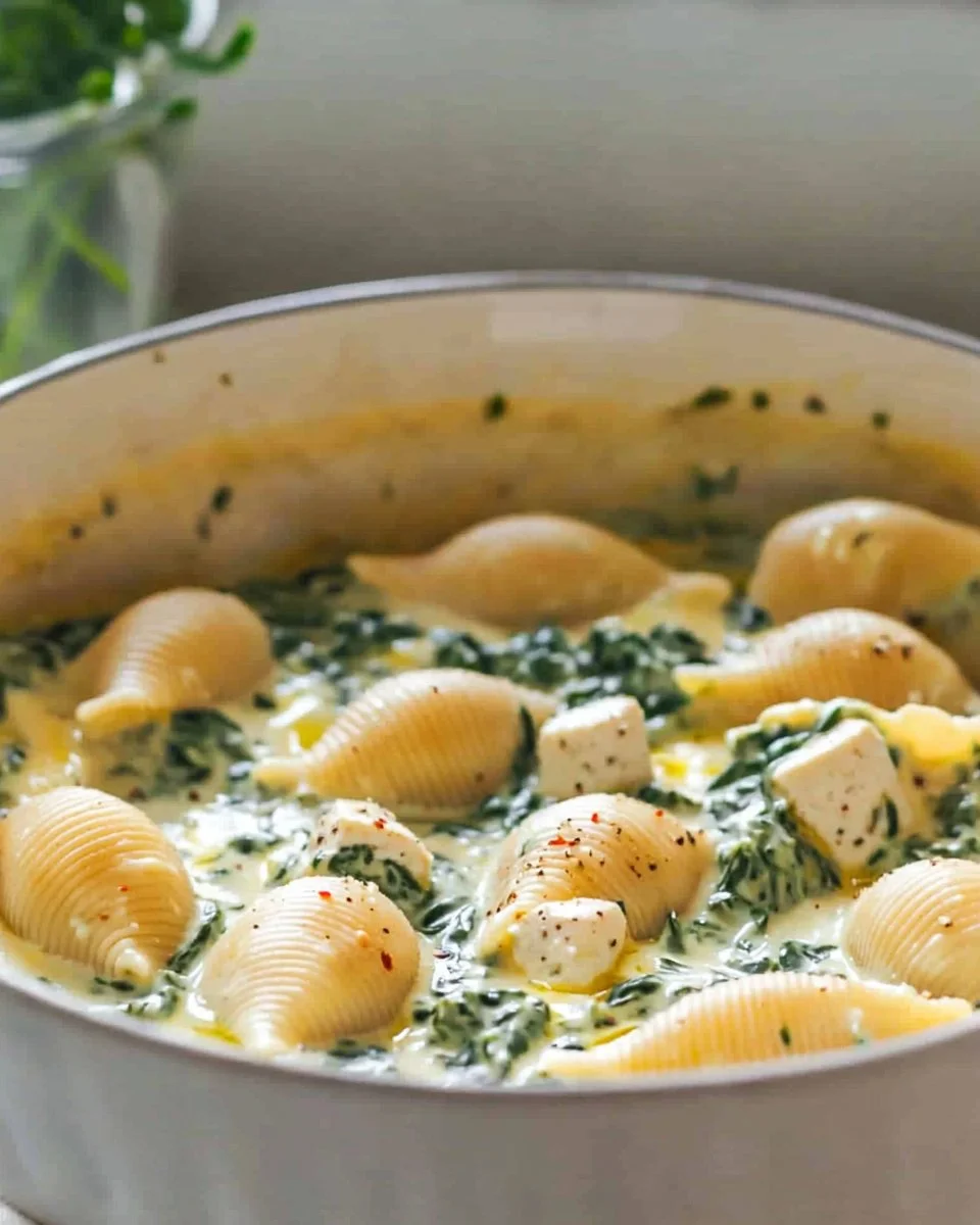 Creamy spinach tofu stuffed shells garnished with fresh herbs