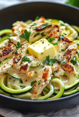 Creamy zucchini noodle chicken Alfredo served with fresh herbs
