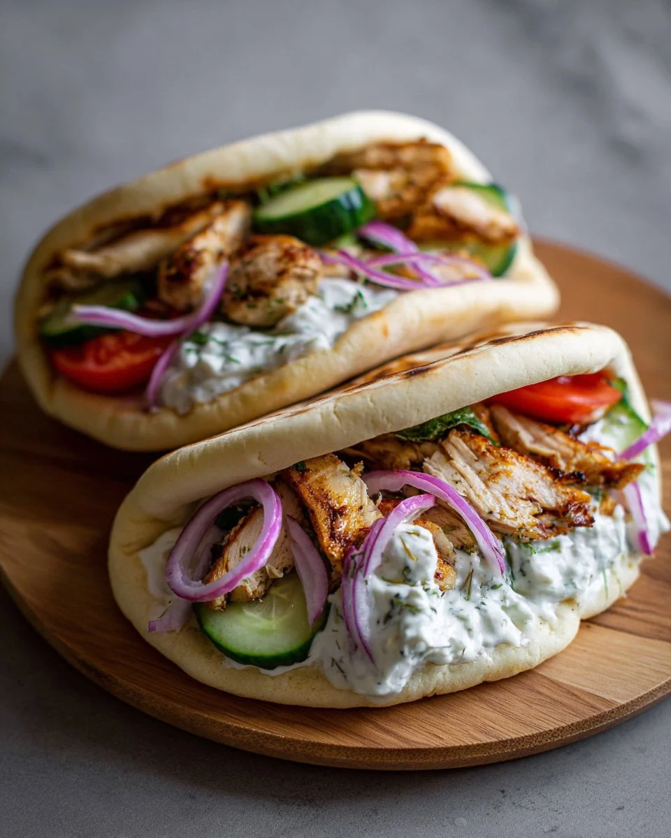 Crockpot Greek Chicken Pitas served with fresh Tzatziki sauce on a plate