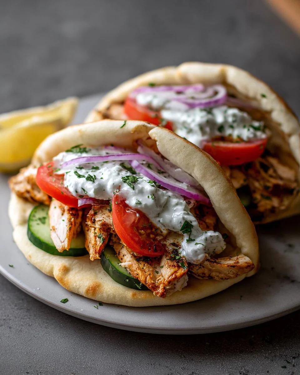 Crockpot Greek Chicken Pitas with Tzatziki