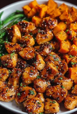 Delicious honey garlic chicken served with roasted sweet potatoes for dinner