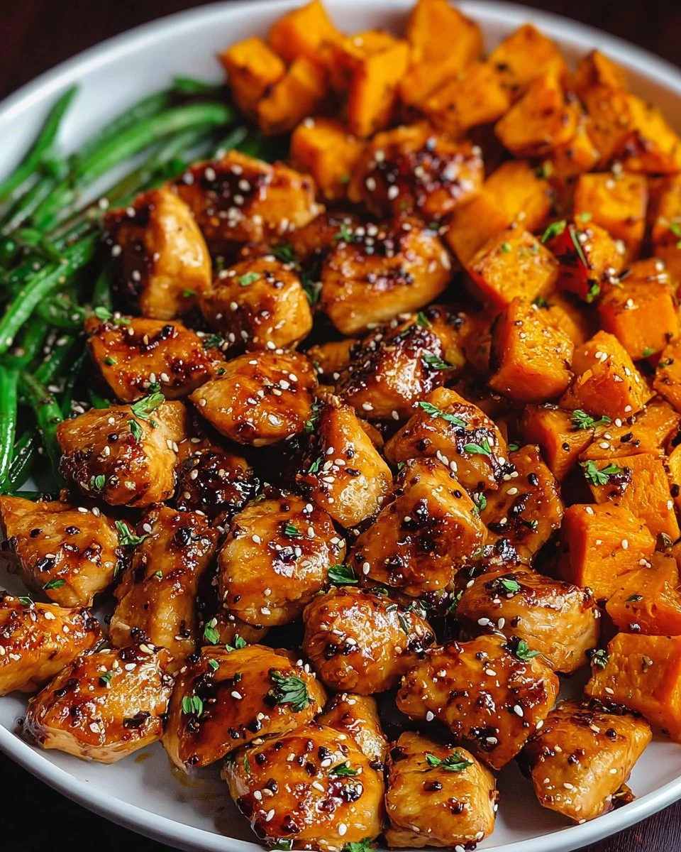 Delicious honey garlic chicken served with roasted sweet potatoes for dinner